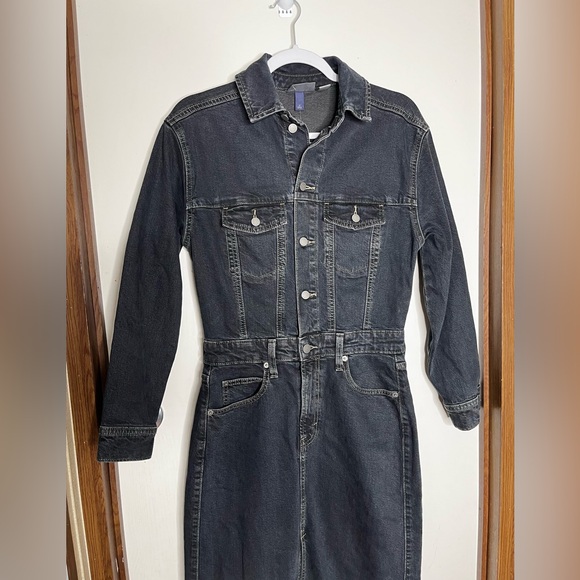 New Universal Thread Denim Jumpsuit Dress Skirt Romper Thick Dark Long Sleeve - Picture 4 of 15